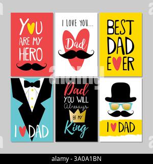 Set of Happy Fathers Day greeting cards, celebration posters set. Stock Vector