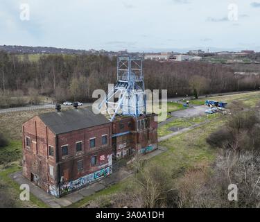 An aerial view of Barnsley Main Colliery pit head and winding gear on ...