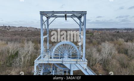 An aerial view of Barnsley Main Colliery pit head and winding gear on ...