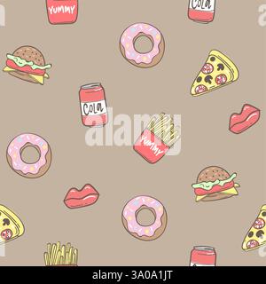 Seamless pattern background with pizza, cola, fried potatoes, sandwich, vector illustration EPS 10. Stock Vector
