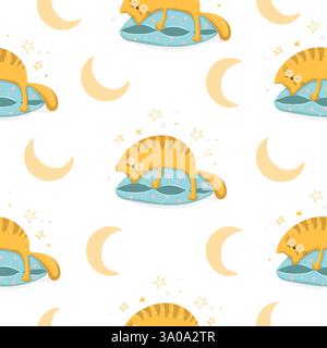 Cute saemless pattern background with sleaping cats on pillows on white background, vector illustration EPS 10 Stock Vector