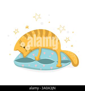 Funny sleaping cat on blue pillow, vector illustration EPS 10. Stock Vector