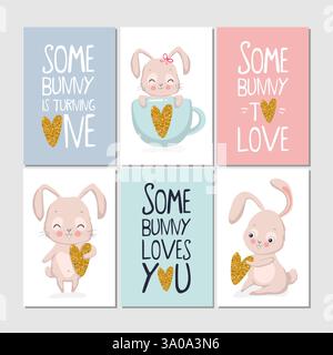 Set of cards with bunny and lettering, some bunny loves you. Stock Vector