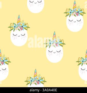 Cute unicorn easter egg with flowers wreath. Happy Easter seamless pattern. Vector illustration Stock Vector