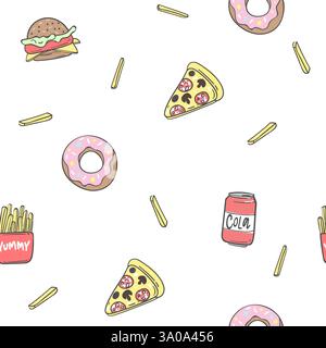 Seamless pattern background with pizza, cola, fried potatoes, sandwich, vector illustration EPS 10. Stock Vector