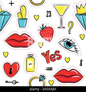 Fashion patch badges with lips, seyes, diamonds and other elements seamless pattern. Vector background with stickers. Stock Vector
