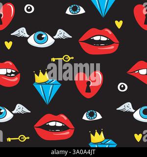 Fashion patch badges with lips, seyes, diamonds and other elements seamless pattern. Vector background with stickers. Stock Vector