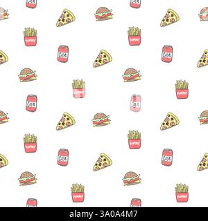 Seamless pattern background with pizza, cola, fried potatoes, sandwich, vector illustration EPS 10. Stock Vector