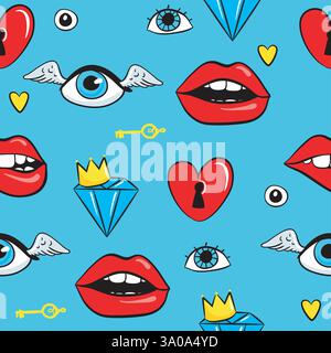 Fashion patch badges with lips, seyes, diamonds and other elements seamless pattern. Vector background with stickers. Stock Vector