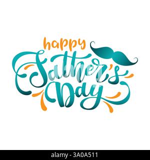 Happy fathers day hand drawing lettering with mustache and hat, blue background. Stock Vector