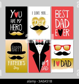 Set of Happy Fathers Day greeting cards, celebration posters set. Stock Vector
