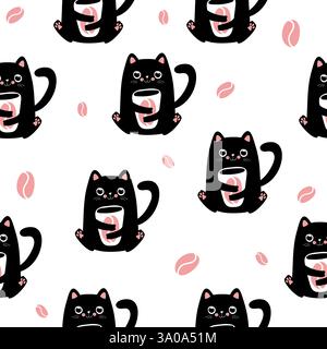 Funny kawaii cats with coffee cup and beans, cute seamless pattern background. Stock Vector
