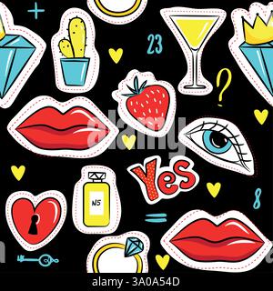 Fashion patch badges with lips, seyes, diamonds and other elements seamless pattern. Vector background with stickers. Stock Vector