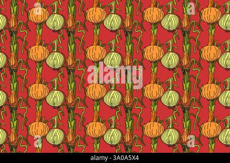 Botanical abstract seamless pattern with juicy onions vector illustration.Colorful vegetables repeating cartoon pattern in red color background. Graph Stock Vector