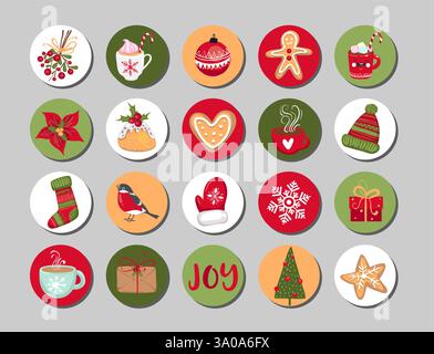 Set of Christmas stickers, posters kit, cards for winter holidays. Vector illustration Stock Vector