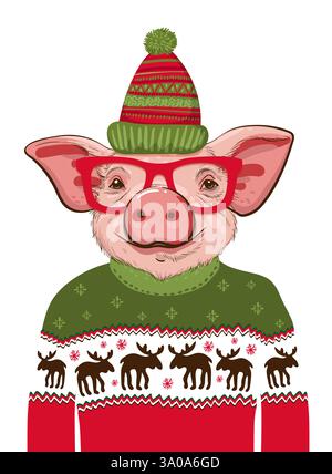 Pig in a Santa s in a christmas sweater. Happy Christmas and New year card, poster, t-shirt , hand drawn print. Vector illustration Stock Vector
