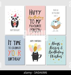 Set of greeting cards with panda, donut, heart, gift, cat, lettering. Vector illustration printable collection Stock Vector