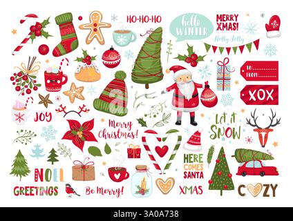 Set of Christmas elements. Snowflakes, Santa Claus, christmas tree, gifts, calligraphy, lettering animals and other elements Stock Vector