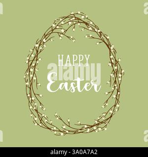 Green poster with inscription Happy Easter, holiday card with spring branches with flowers, frame in shape of an egg. Vector illustration Stock Vector