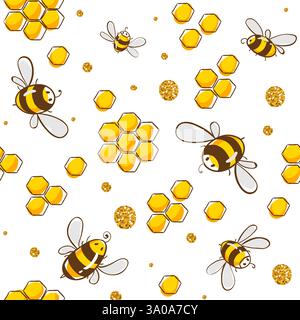 Cute seamless pattern with flying bees. Vector illustration Stock Vector