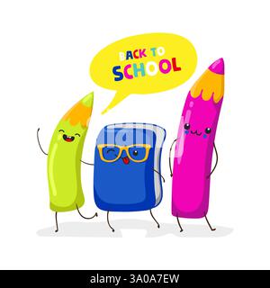 Back to school, kawaii characters. School illustrations. Vector EPS10 Stock Vector