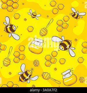 Cute seamless pattern with flying bees. Vector illustration Stock Vector