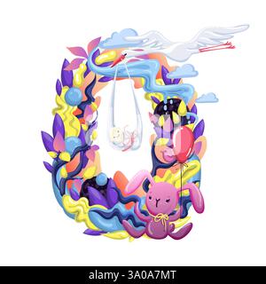Cute months sticker with animals for baby. Baby Shower party, month sticker. Number 0. Happy birth. Vector EPS10. Stock Vector