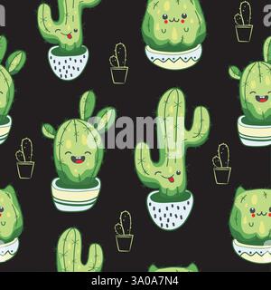 Seamless pattern with cute kawaii cactus and succulents with funny faces in pots. Stock Vector