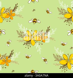 Cute seamless pattern with flying bees. Vector illustration Stock Vector