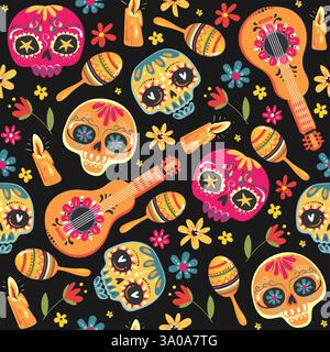Day of the Dead seamless vector pattern with sugar skulls and flowers. Dia de los Muertos tramslate - Day of the Dead pattern background. Stock Vector