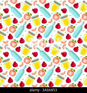 Seamless pattern with apples and honey . Rosh Hashanah, Shana Tova. Stock Vector