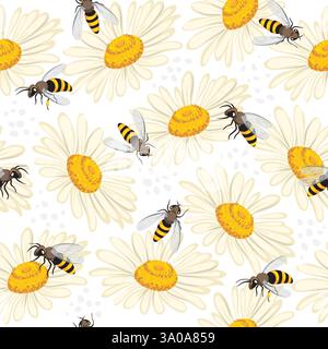 Cute seamless pattern with bees and flowers. Vector illustration Stock Vector