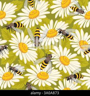 Cute seamless pattern with bees and flowers. Vector illustration Stock Vector