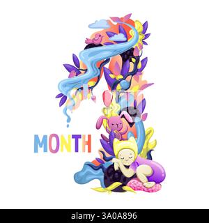 Cute months sticker with animals for baby. Baby Shower party, month sticker. Number 1. Happy birth. Vector EPS10. Stock Vector
