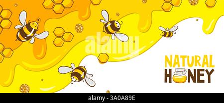 Horizontal banner with bees combs. Honey isolated on yellow background. Vector illustration Stock Vector