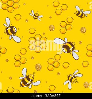 Cute seamless pattern with flying bees. Vector illustration Stock Vector