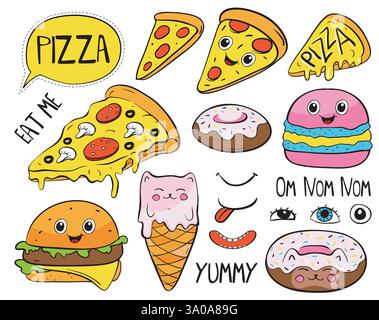 Cartoon pizza slice, macaroon, sandwich, ice cream, donuts Fastfood fashion cartoon illustration Stock Vector
