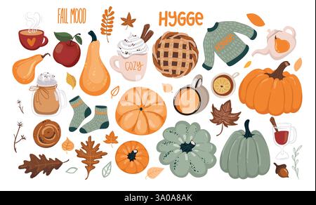 vAutumn set with hand drawn elements. Calligraphy, fall leaves, animals and other. Stock Vector