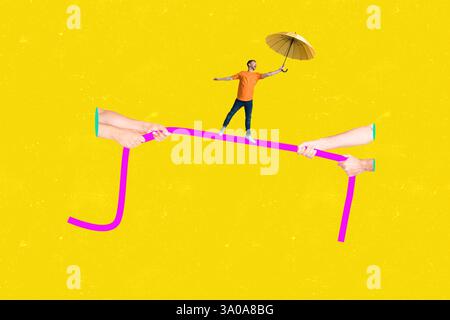 Poster image composite photo collage of astonished man hold umbrella autumn weather forecast cyclone hands pull drawing line Stock Photo