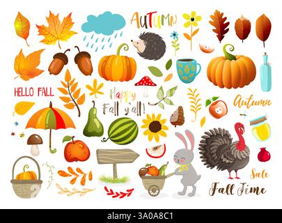 Autumn set with hand drawn elements. Calligraphy, fall leaves, animals and other. Vector illustration EPS10 Stock Vector
