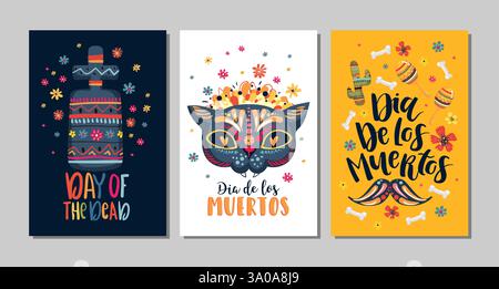 Dia de Los Muertos, Mexican Day of the Dead, set of greeting cards with hand drawn lettering, flowers, skulls Stock Vector