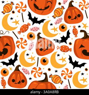Halloween seamless pattern with cute pumpkins and other halloween elements. Halloween vector background. EPS10 Stock Vector