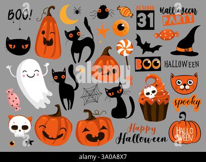Set of Happy Halloween design elements. Halloween logos, badges, labels, icons, objects Vector illustration Stock Vector