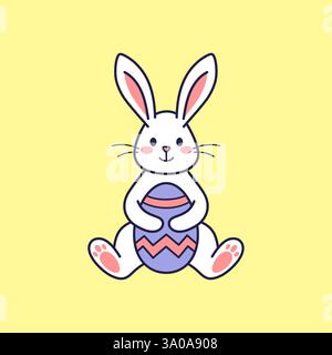 Easter character bunny, rabbit, hare sitting holds painted egg with paws. Vector flat design, outline illustration. Easter icon sticker. Greeting card Stock Vector