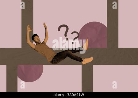 3d sketch poster trend collage image of shocked guy lay inside maze trap riddle question mark decision finding overwhelmed Stock Photo