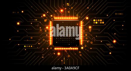 Brightly glowing AI chip on circuit board. Technology background. CPU processor on tech bg. Computer microchip on motherboard. Vector illustration Stock Vector
