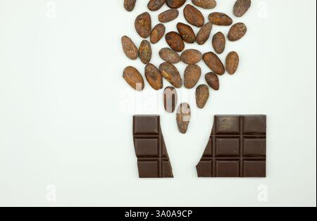 Cocoa beans are poured into the dark broken chocolate. Bean to bar concept. Chocolate production technology. Copy space. Stock Photo