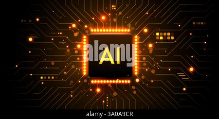 Brightly glowing AI chip on circuit board. Technology background. CPU processor on tech bg. Computer microchip on motherboard. Vector illustration Stock Vector