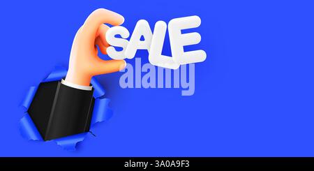 3d cartoon hand holding word Sale through torn paper. Sale and special offer concept. Vector illustration Stock Vector