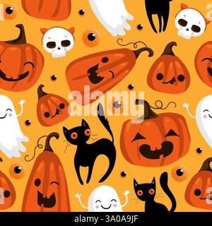 Halloween seamless pattern with cute pumpkins, black cat and other halloween elements. Halloween vector background. EPS 10 Stock Vector